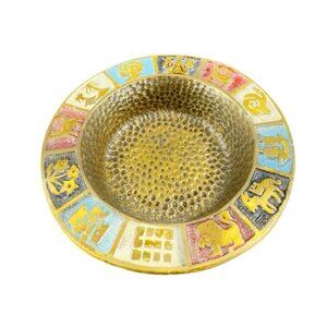 Antique Metal Round Dish Small Ashtray Plate Hand Painted Marked On Back Israel